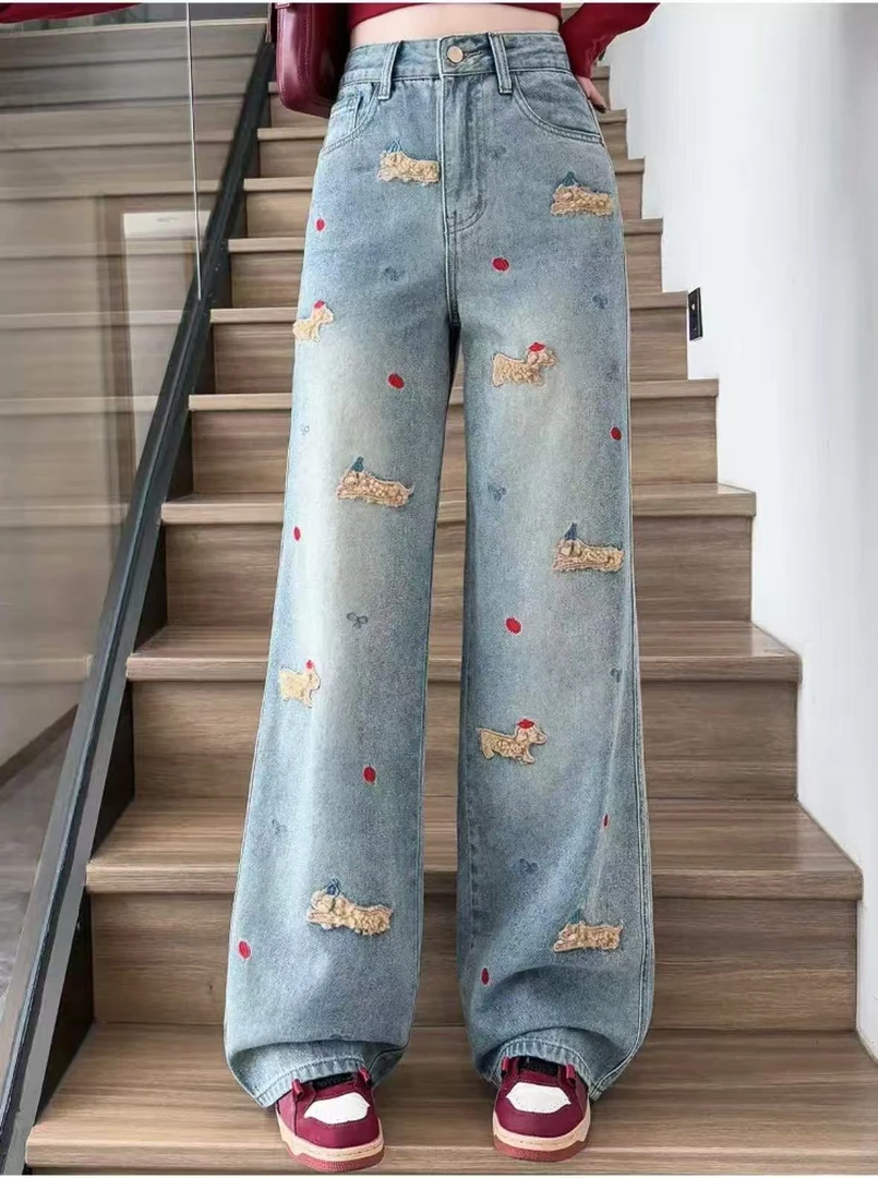 【小个子定制】2025春季卡通腊肠狗立体刺绣阔显高显瘦腿牛仔裤