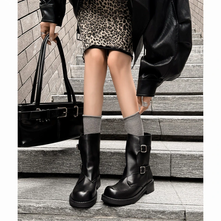 牛皮版~英伦风西部靴女皮带扣侧拉链厚底骑士靴秋冬新款显瘦短靴