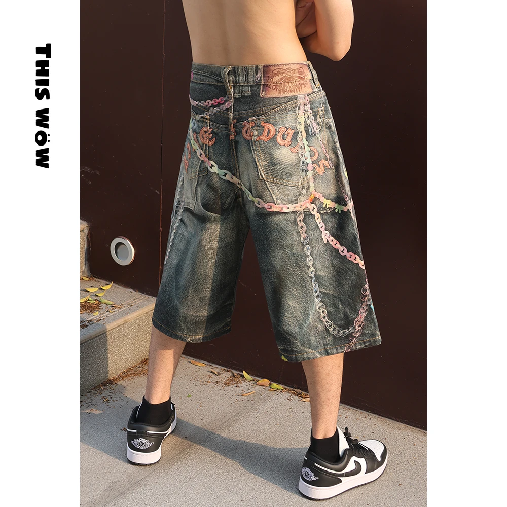 THIS WOW AC风格糖果中裤 锁链条3D数码彩色印花宽松牛仔裤中国风