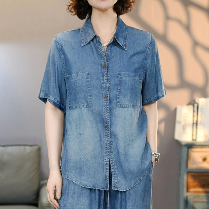 520蓝夏季新品天丝牛仔衬衫女2025显瘦休闲时尚水洗透气上衣外套