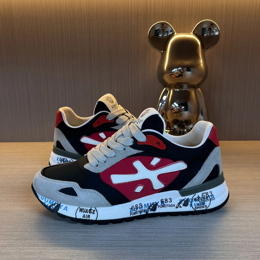 欧洲站男士轻奢头层牛皮拼色男鞋系带欧美风减震耐磨低帮休闲潮鞋