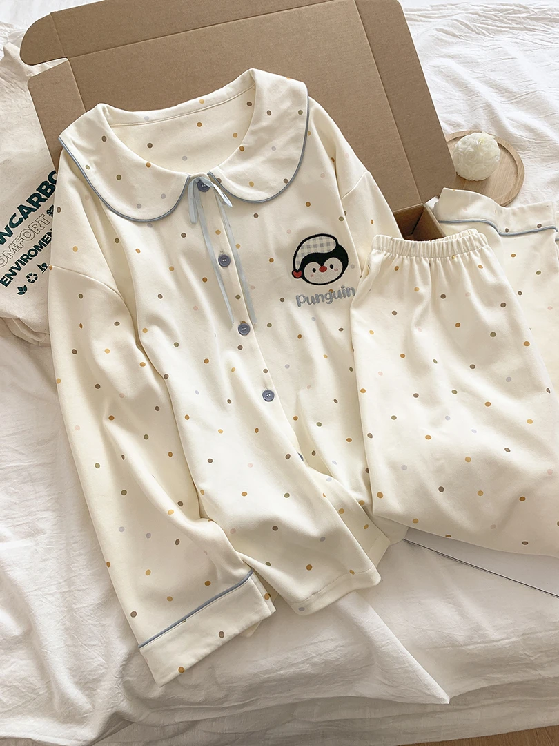纯棉睡衣女款春秋季新款时尚圆点长袖长裤休闲宽松秋天薄款家居服