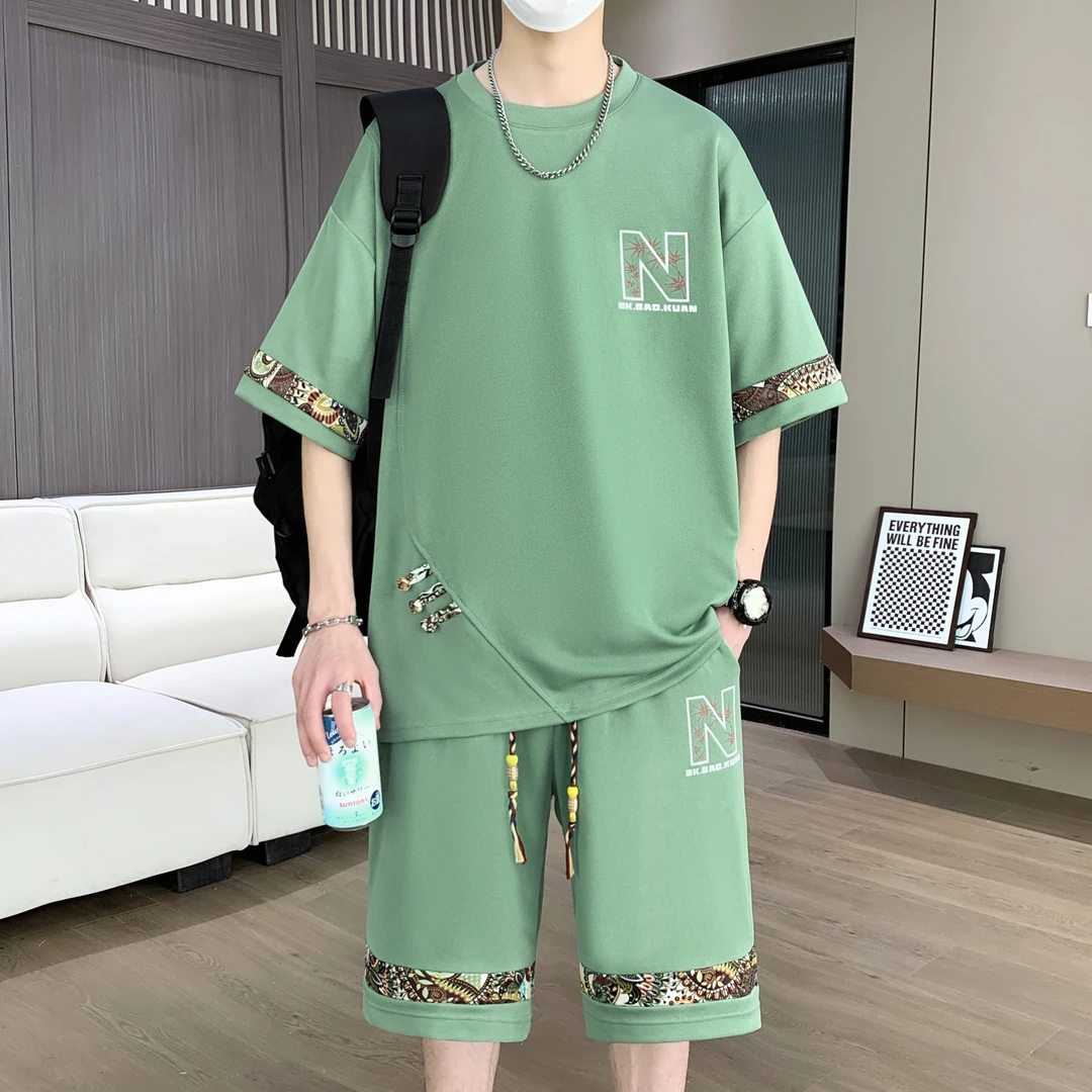 2025夏季新款潮牌大码休闲运动套装男士时尚百搭短袖短裤两件套