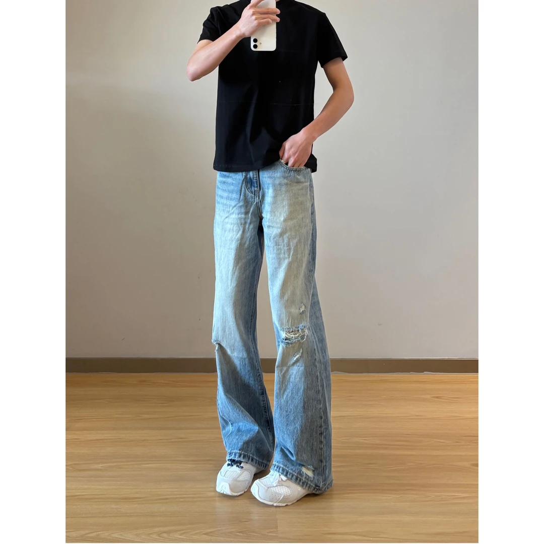 美式复古小众设计刀割破坏蓝色阔腿拖地微喇牛仔裤男女潮破洞