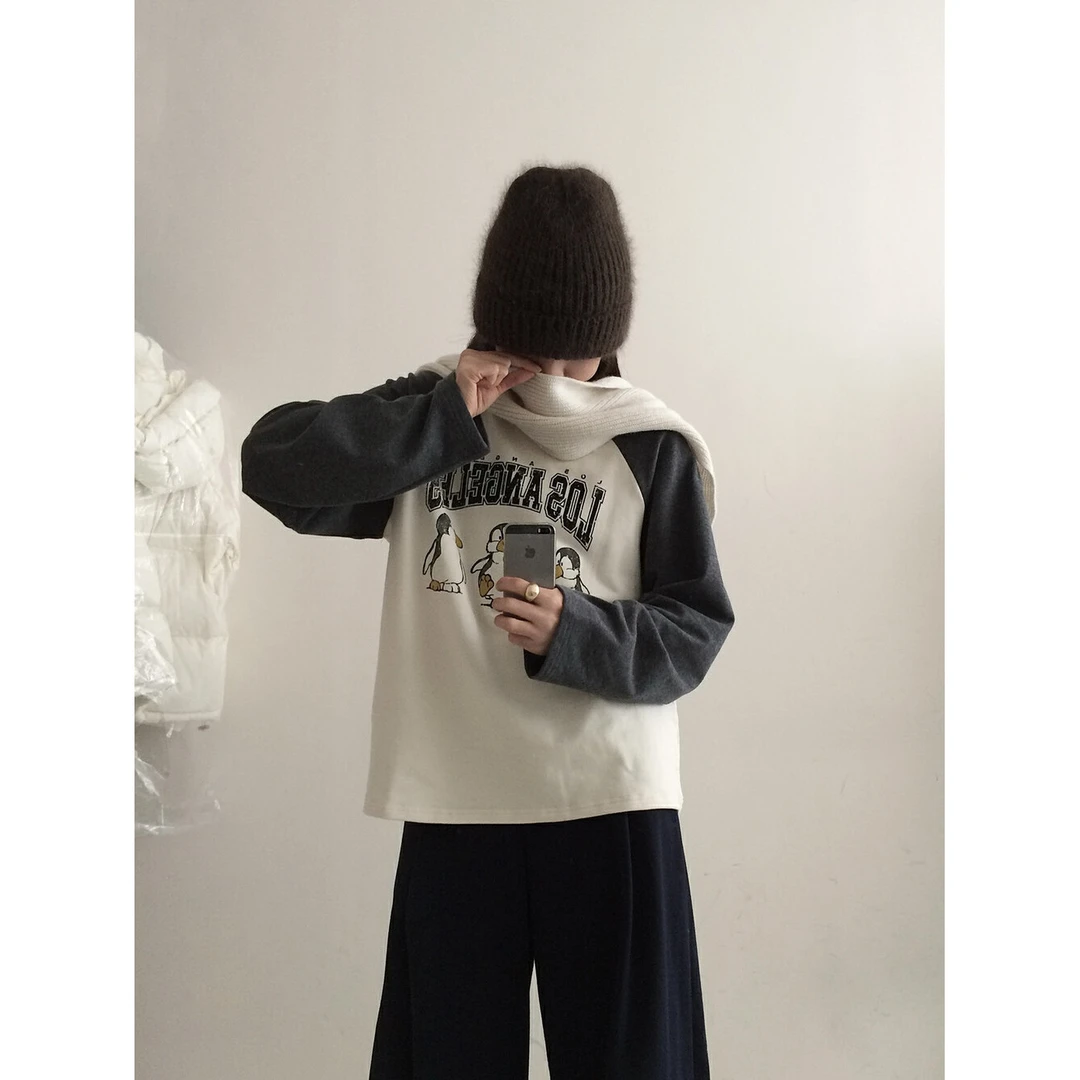 J-2532#YOUR#【磨毛】韩系简约圆领插肩袖企鹅长袖T恤（福利）