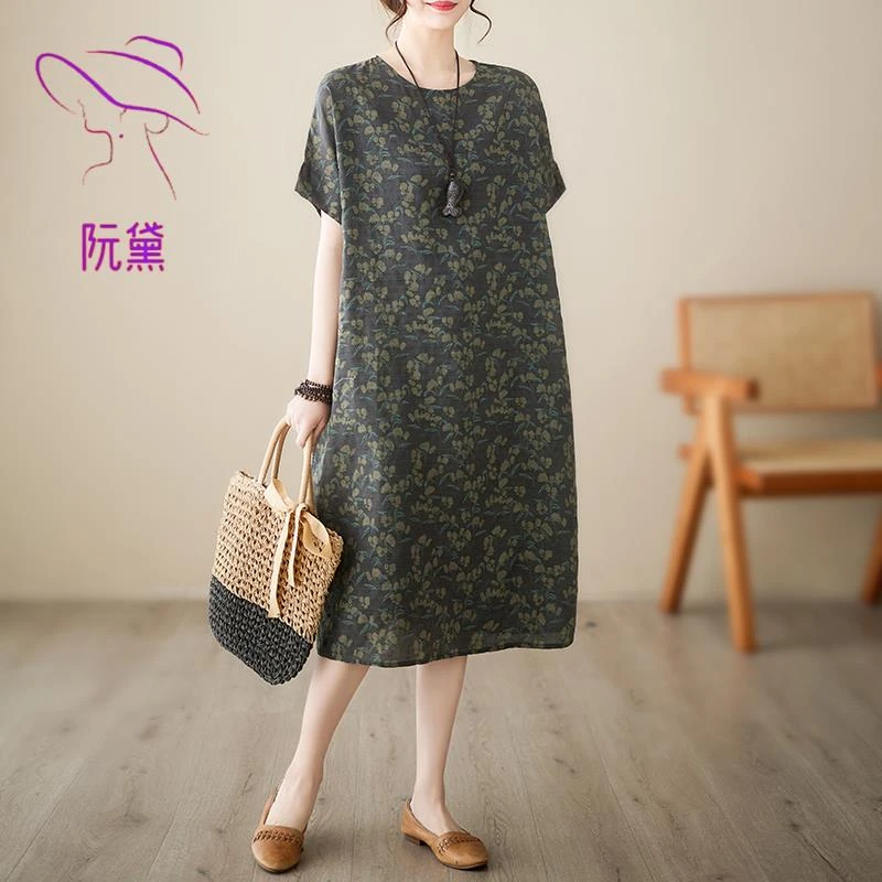 阮黛2025年新款大码女装复古显瘦夏季文艺碎花短袖民族风连衣裙