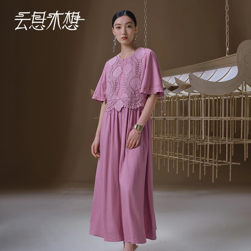 Ysimo-X云思木想 粉墨花语 定制贴布绣袖口收紧带时尚连衣裙12844