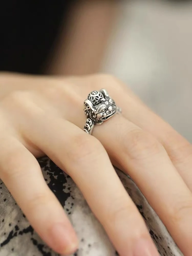 【可转动貔貅戒指】复古指环防心经男女单身戒小众个性