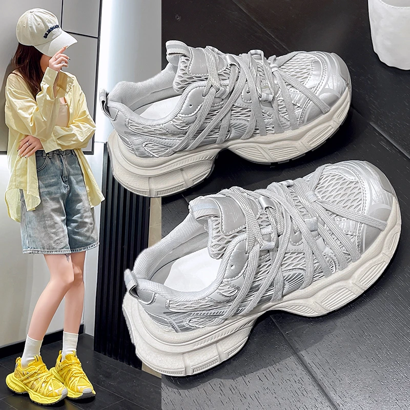 欧货爆款老爹鞋女2025春夏新款厚底透气百搭网面轻便休闲跑步鞋女