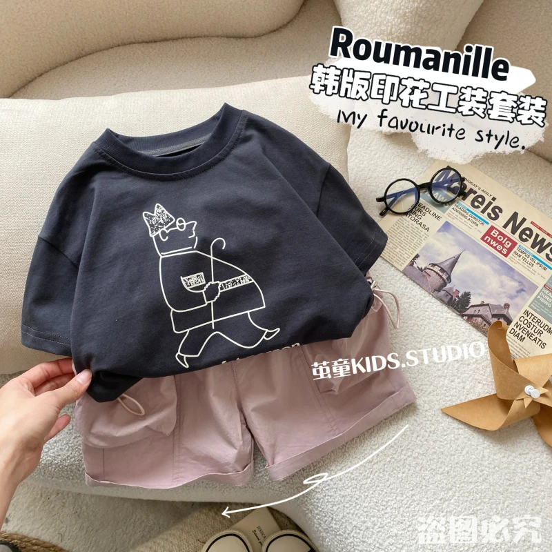 【清】X206夏季小童印花工装短袖套装新品男女宝宝休闲两件套