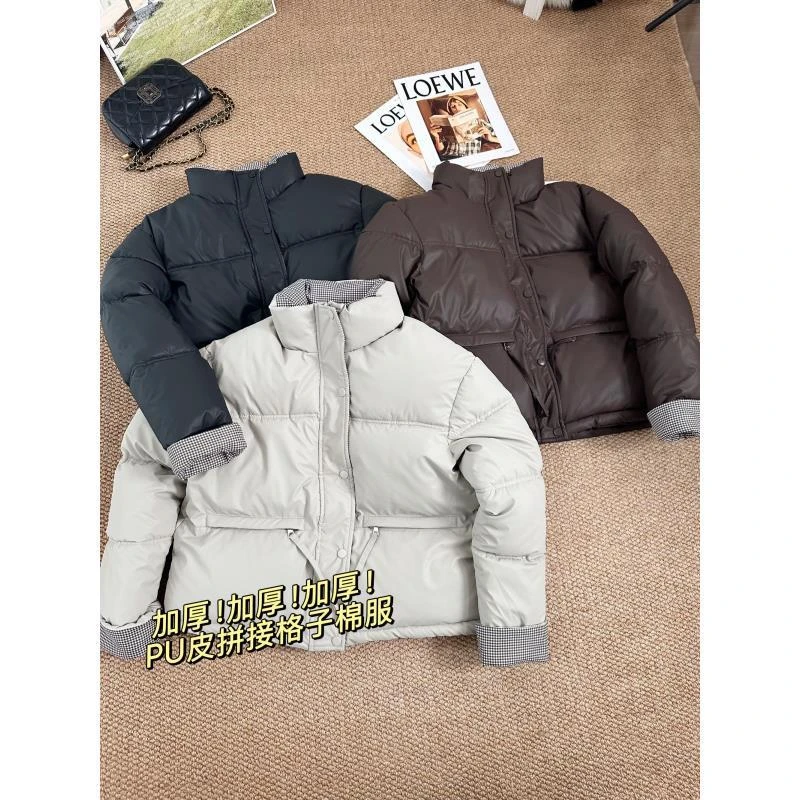 【立领拼格子面包服】PU皮宽松百搭加厚保暖面包外套女棉服66828