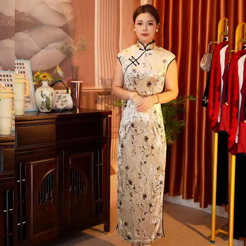 【LONG20】2025秋季新款气质提花丝绒中国风旗袍连衣裙显瘦复古