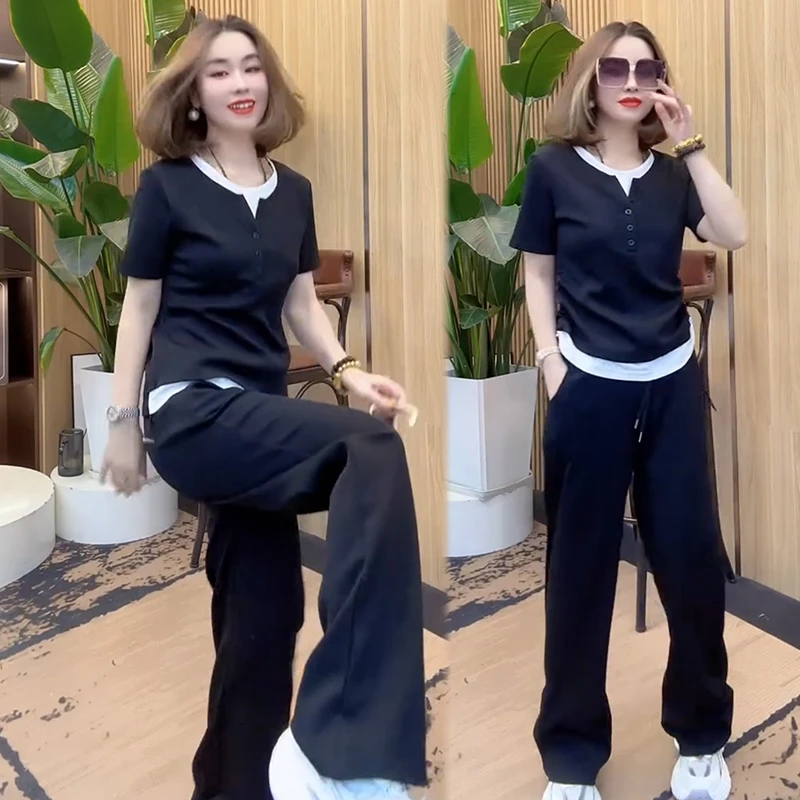 2025春夏季新款时尚显瘦气质网红女百搭宽松大码短袖假两件套装潮