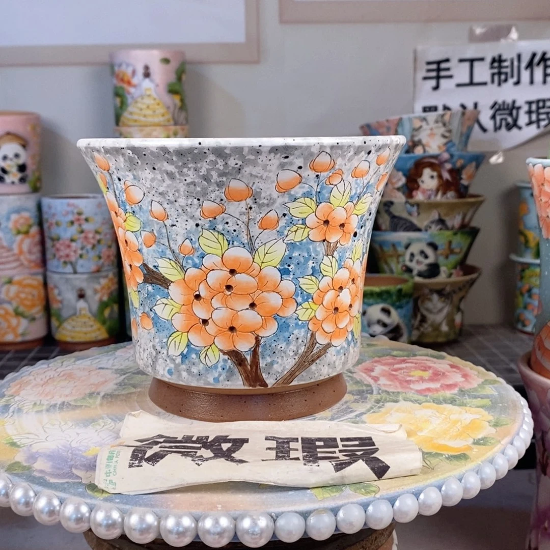 紫砂花盆红陶手绘花盆