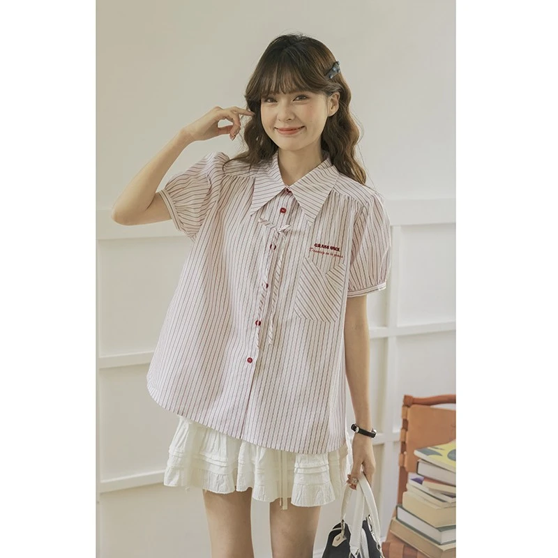 原野空间粉色衬衫GRASS SPACE 条纹蝴蝶结短袖女夏季休闲衬衣上衣