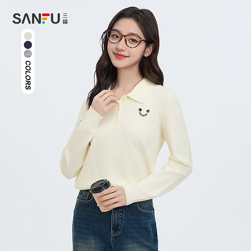 三福毛衣2025春季笑脸图案翻领简约毛针织衫上衣女装495458