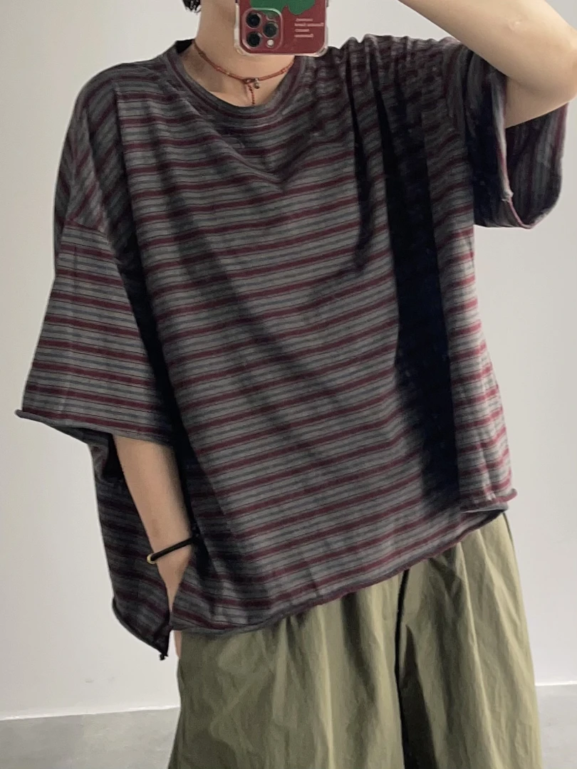 Z063 炒色脏脏条短阔版型半袖T恤休闲百搭宽松复古条纹小众ins