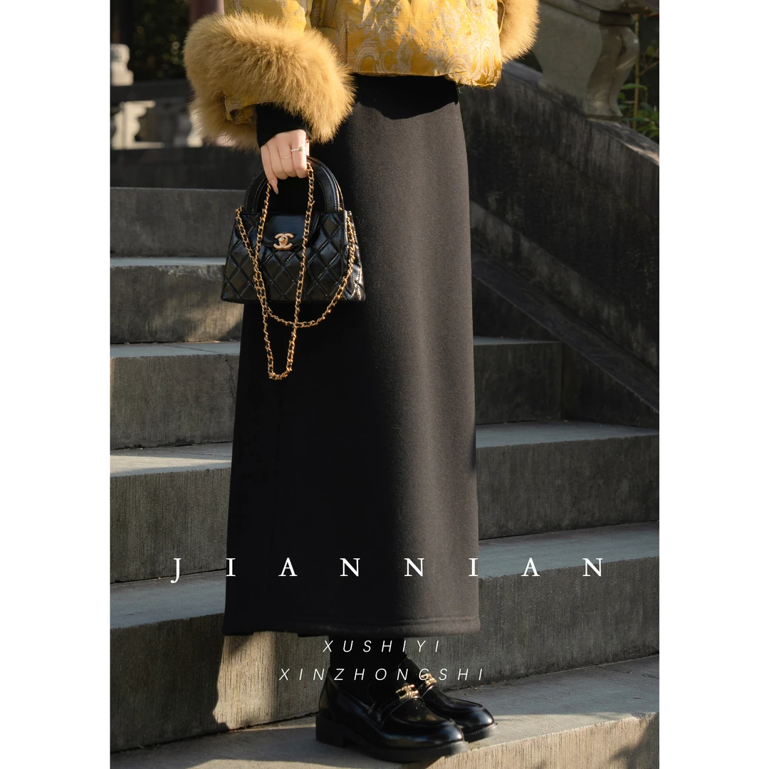 见年·徐十一【时慢】新中式国风含羊毛醋酸显瘦直筒加厚半身裙X3037