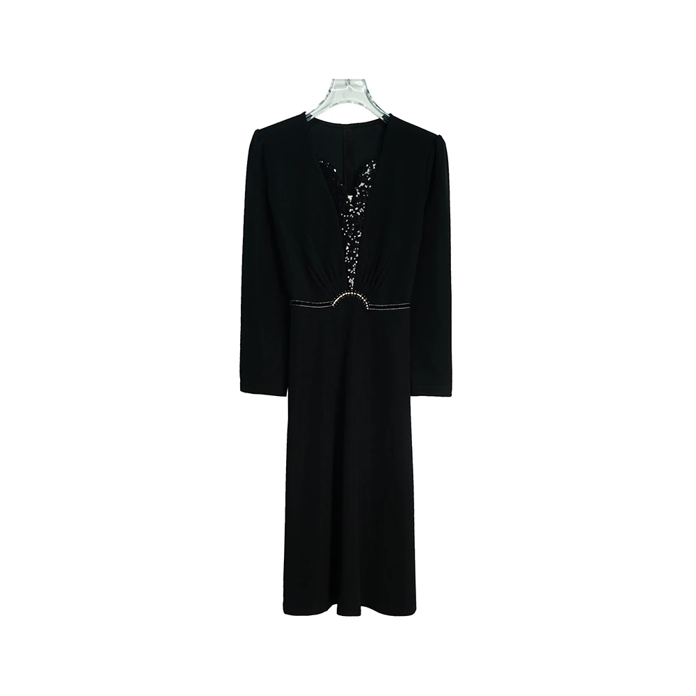 X8026【上新】高端轻奢修身显瘦气质名媛风烫钻亮片长袖连衣裙3Q