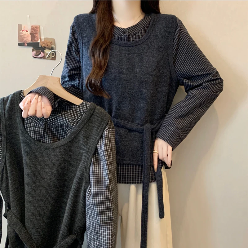 早秋搭配一整套女大码胖mm时尚高级感格子长袖衬衫针织马甲两件套
