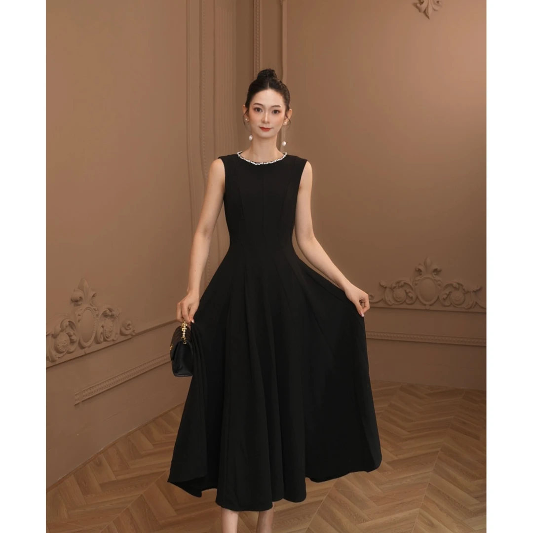 新款法式赫本风气质名媛收腰显瘦优雅时尚无袖复古连衣裙9779