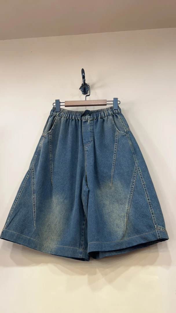 纯色短裤松紧薄款紫色夏季女士红色中腰五分裤牛仔