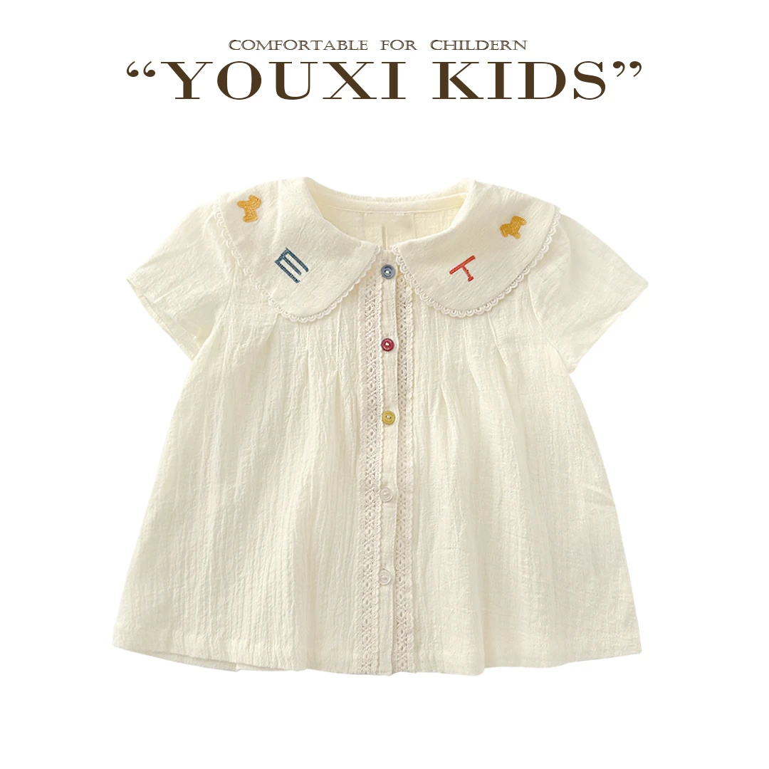 飞飞家·奶油雪山新款夏女童重工刺绣彩色扣娃娃领短袖衬衫 FF2809