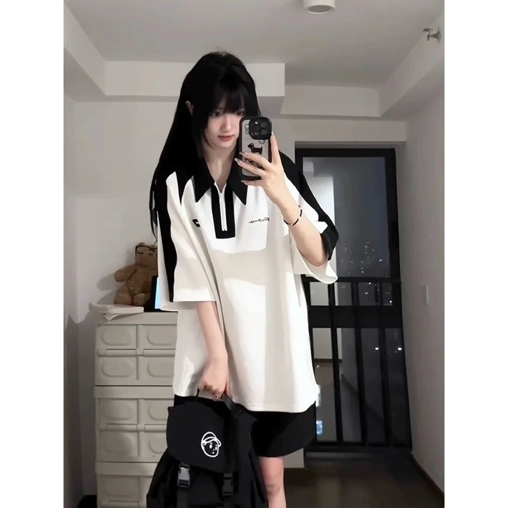 哥弟阿玛施正品美式学院风休闲运动套装女夏季学生韩版宽松撞色百