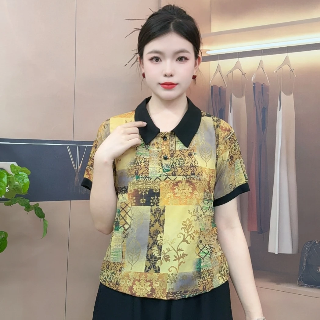 夏季中老年洋气妈妈装休闲宽松复古提花短袖上衣时尚百搭