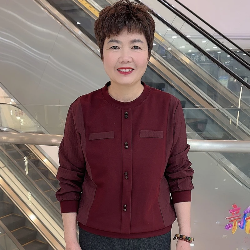 T6807 早春中老年洋气妈妈装休闲简约宽松拼接圆领长袖上衣