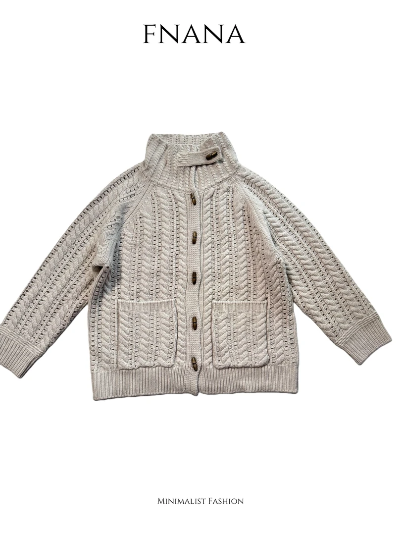 【Fnana】100绵羊毛牛角扣重磅手工粗针织麻花落肩毛衣外套 sy2511