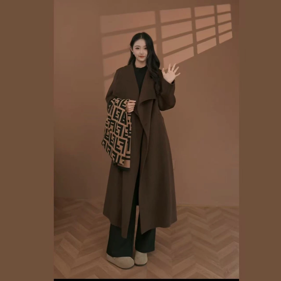 【宋秀妍】网红毛呢外套保暖中长款翻领双面拼接过膝长款宽松型