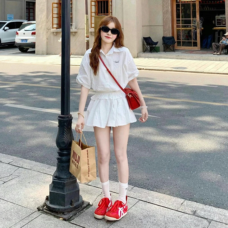 INS CEC韩系通勤减龄白色显瘦短袖衬衫上衣搭高腰半身裙两件套女