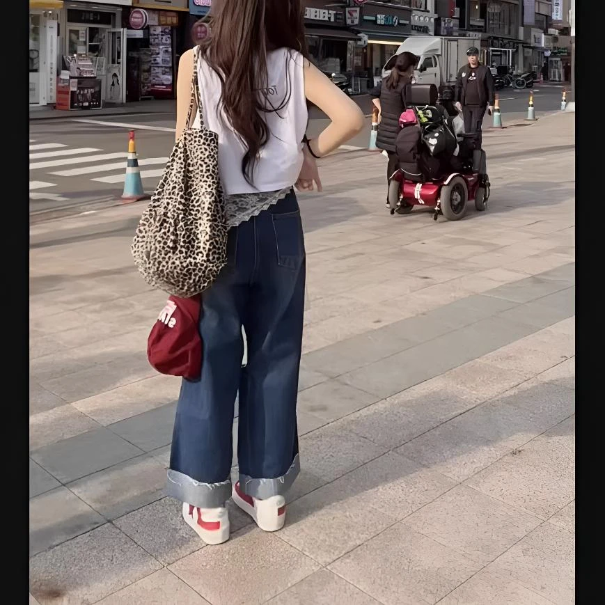 2025夏季新款街头潮流短款无袖宽松印花T恤洋气破洞牛仔裤潮流女