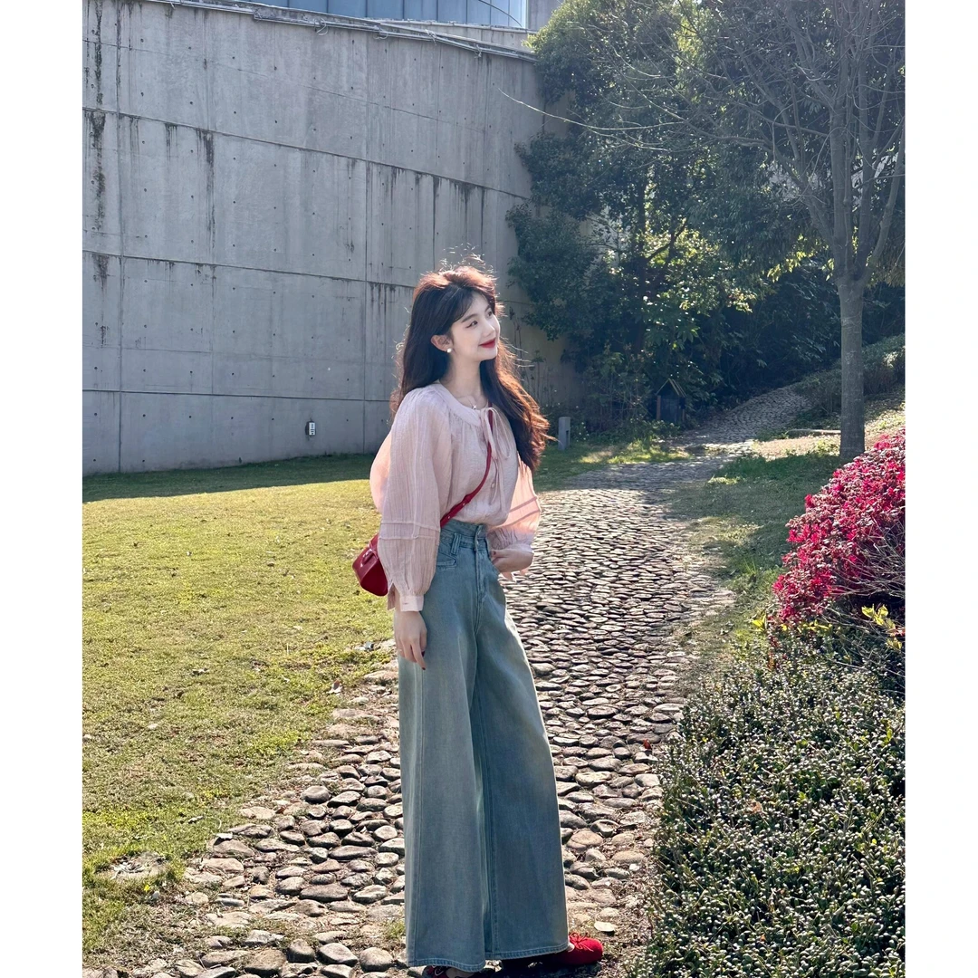 2025春夏新款韩系穿搭高级感粉色雪纺衬衫上衣高腰牛仔裤两件套女
