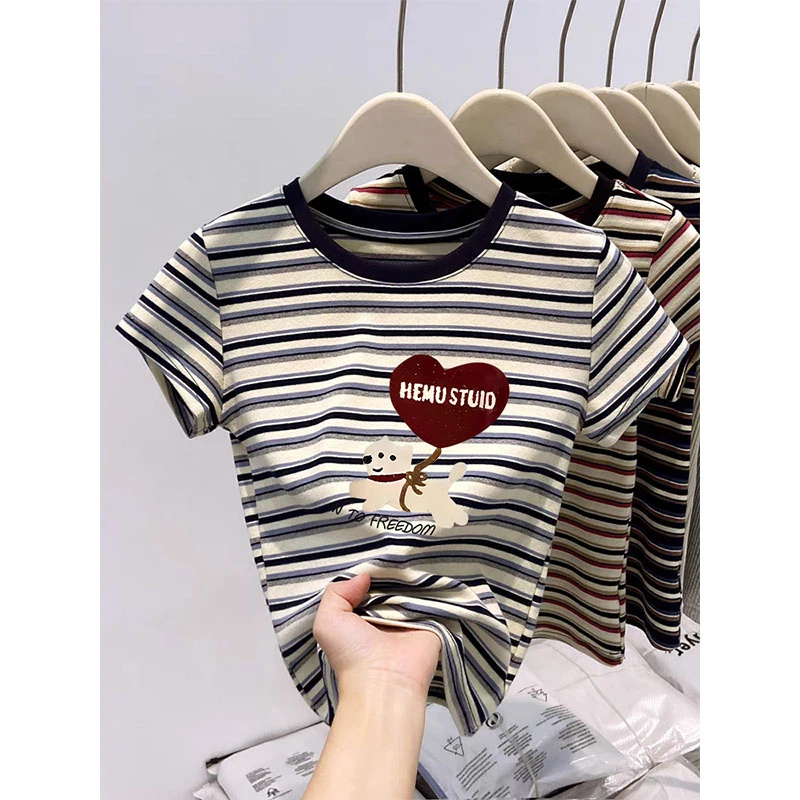 小众设计感拼色条纹正肩圆领短袖女t恤时尚百搭上衣2025新款夏季