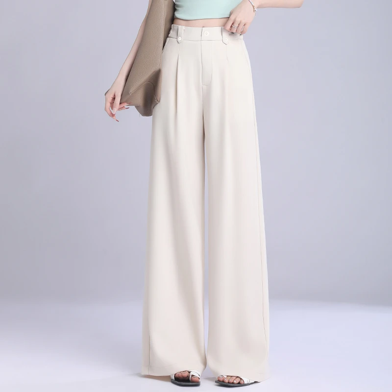 拉夏贝尔时尚高级感阔腿裤女2025夏季薄款宽松遮肉直筒休闲西装裤