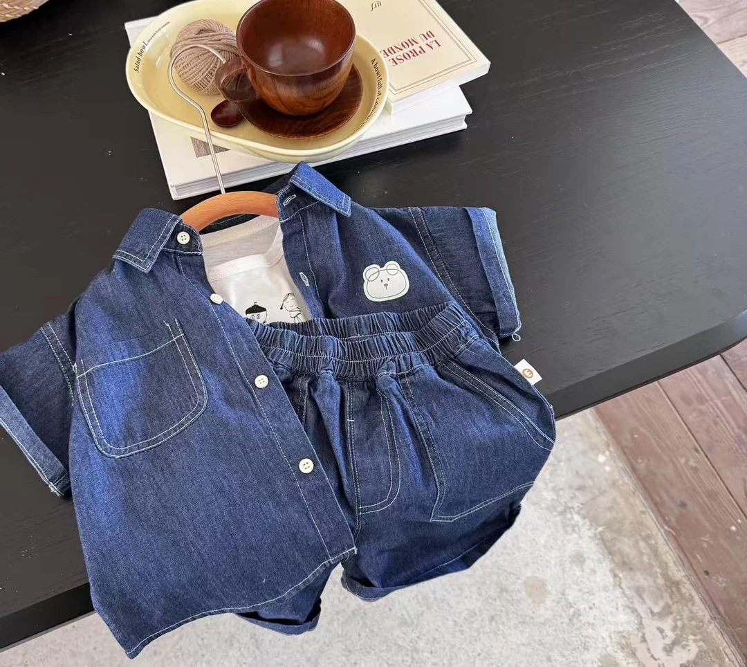 夏季男极简风原色薄牛仔三件套套装