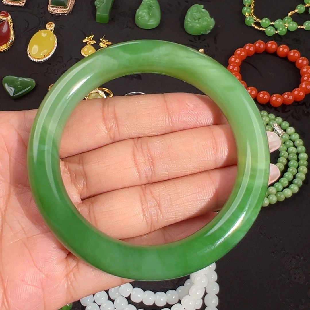 和田玉未镶嵌手镯粉阳绿猫眼圆条手镯57.4圈