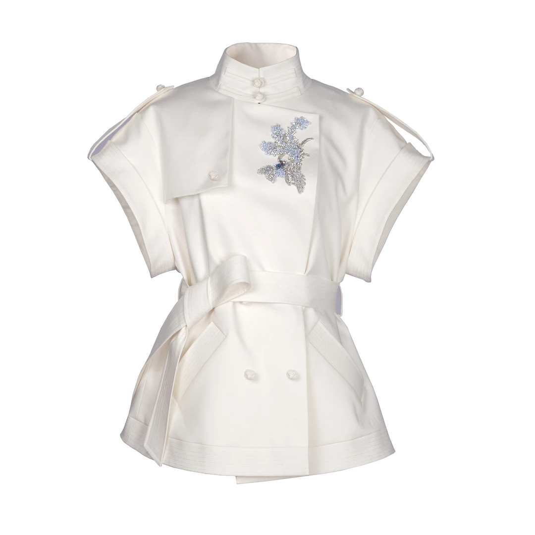 【李思思同款】JUNYANG杨君 中式蓝凤珠绣风衣马甲