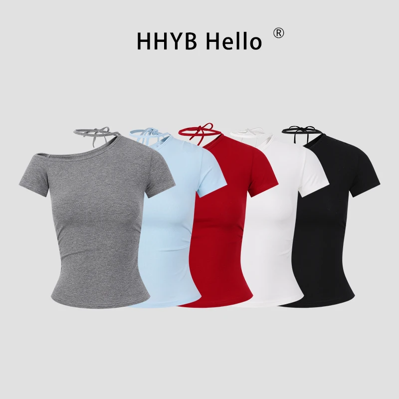 HHYB Hello设计感挂脖系带斜肩短袖T恤女2025新款露肩上衣250313