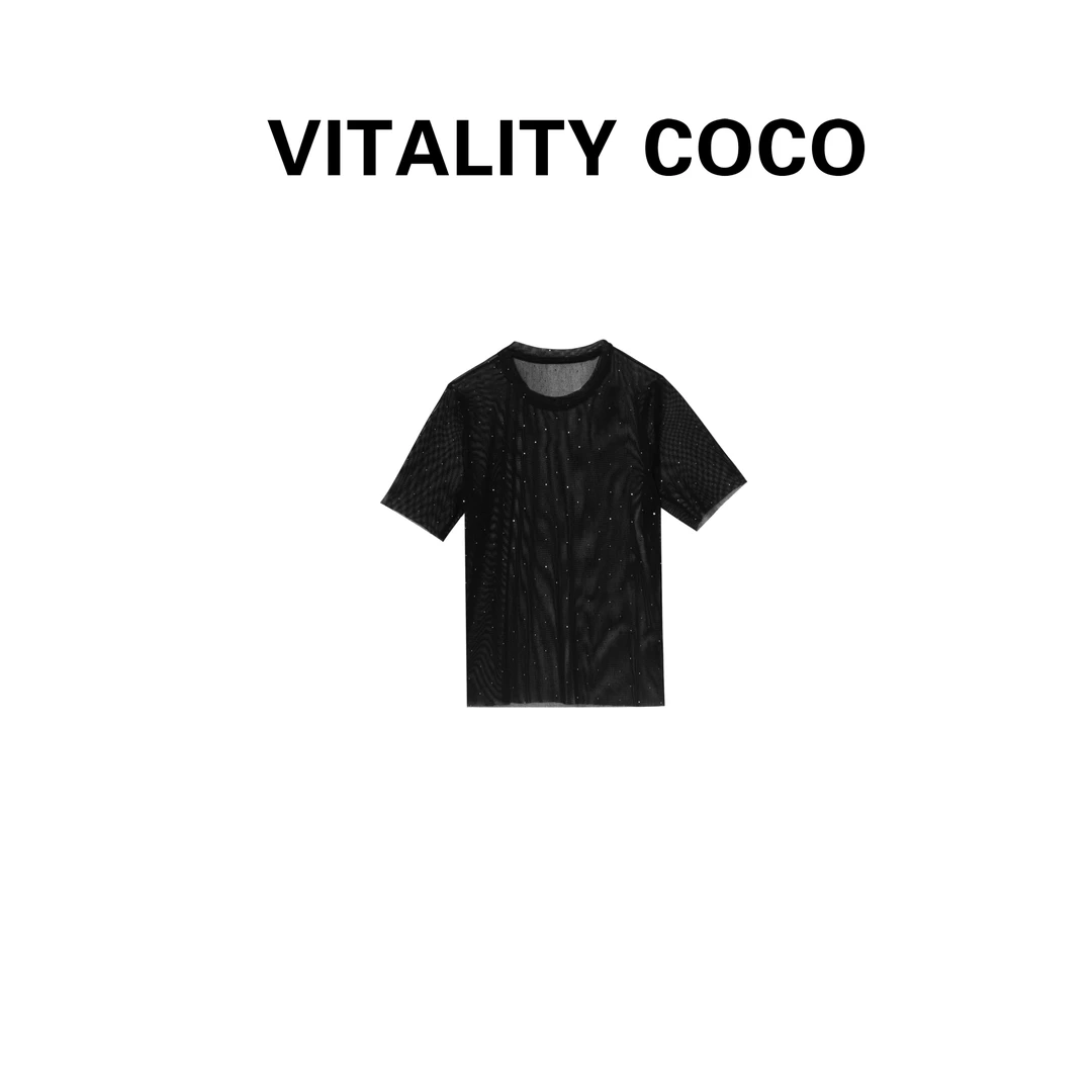 「VITALITYCOCO」【星河】休闲短袖纯色韩版圆领百搭镶钻t恤-1177