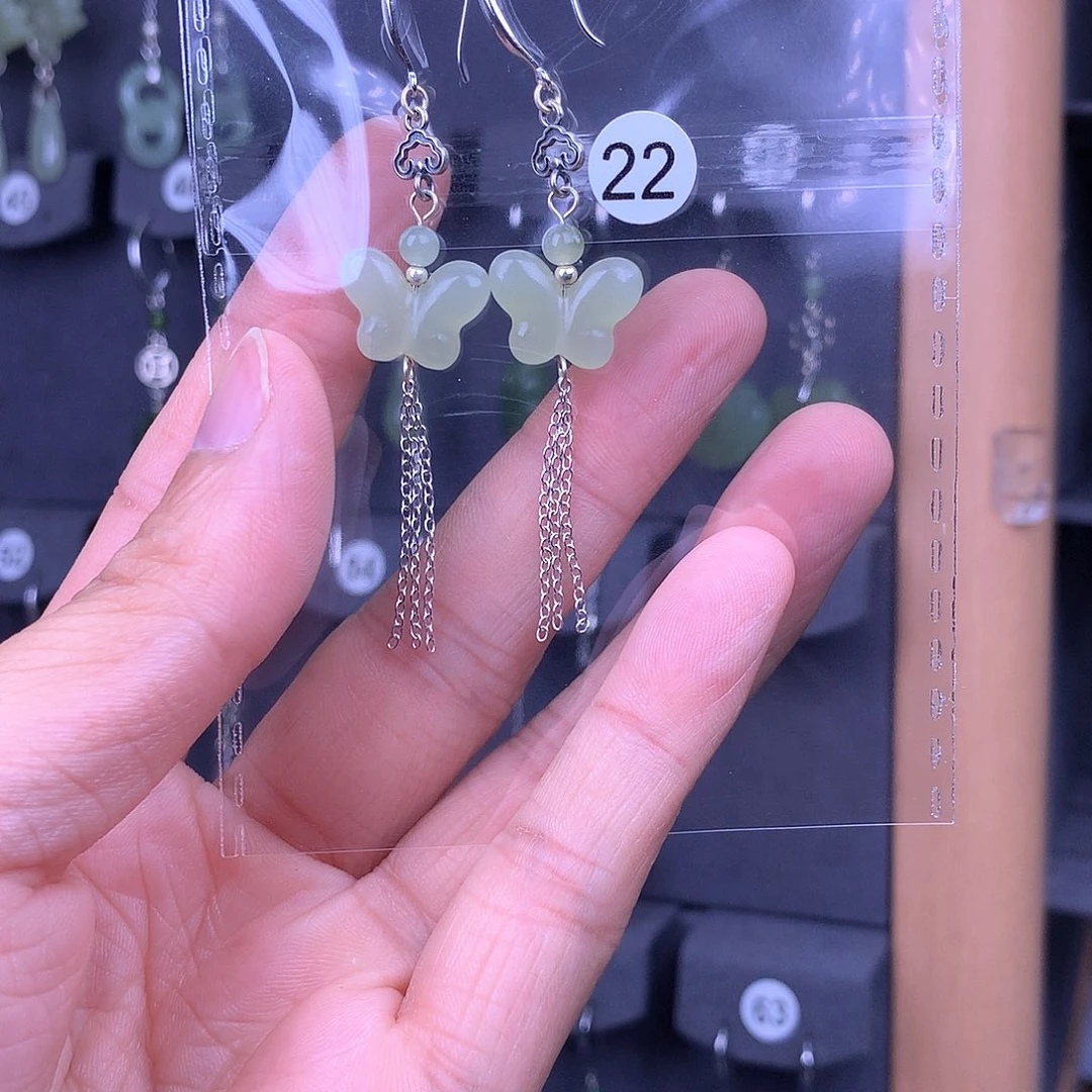 和田玉银S925镶嵌耳饰墨