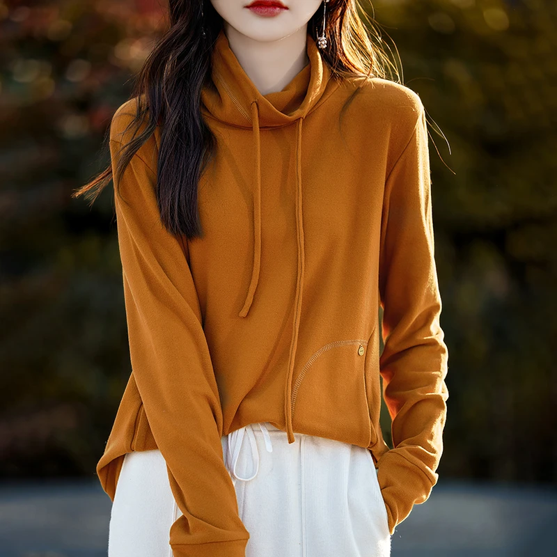 纯色抽绳德绒女士堆堆领套头通勤卫衣长袖连帽上衣秋冬百搭针织衫