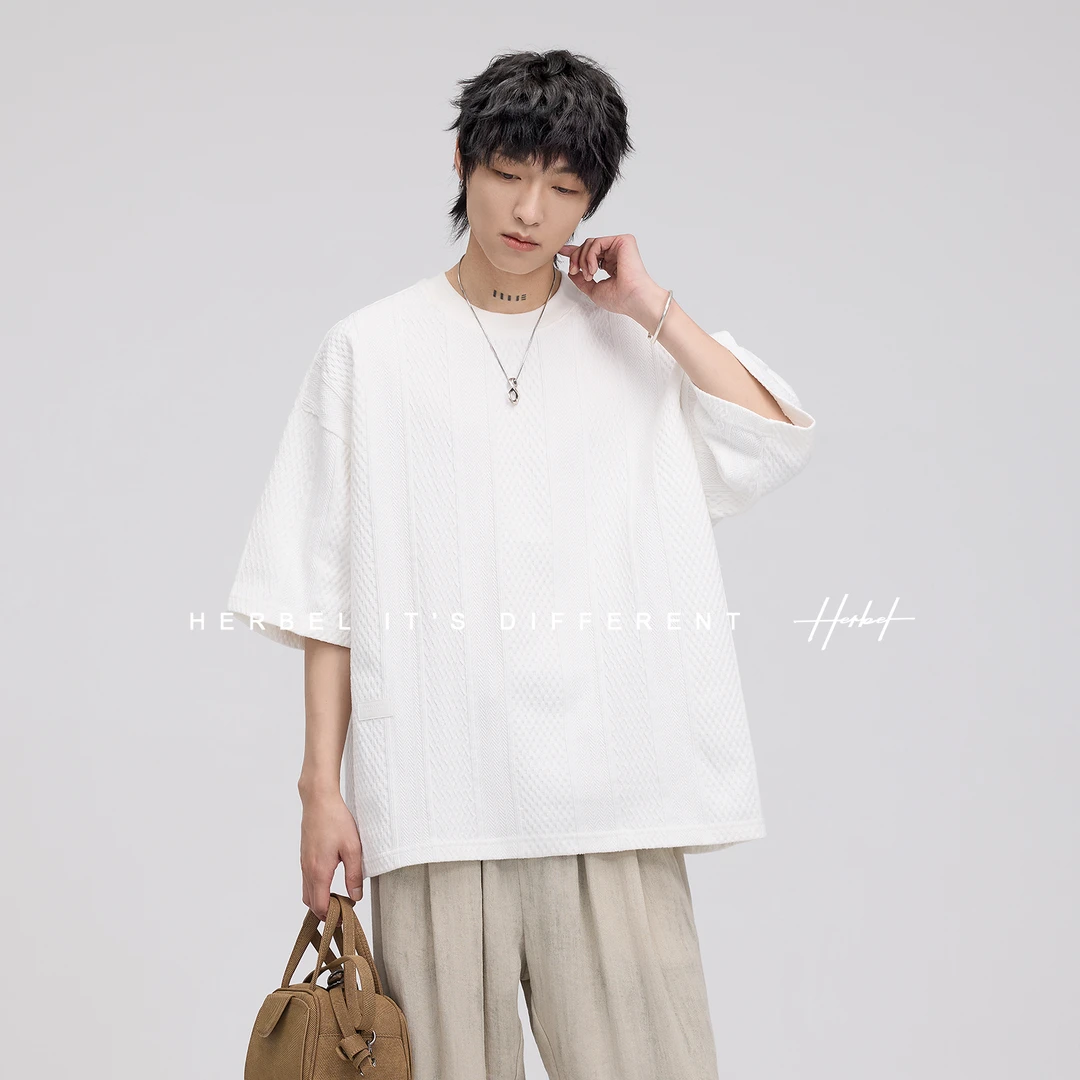 HERBEL/黑白夏季纯棉简约针织短袖T恤男士男款圆领百搭纯棉t恤男