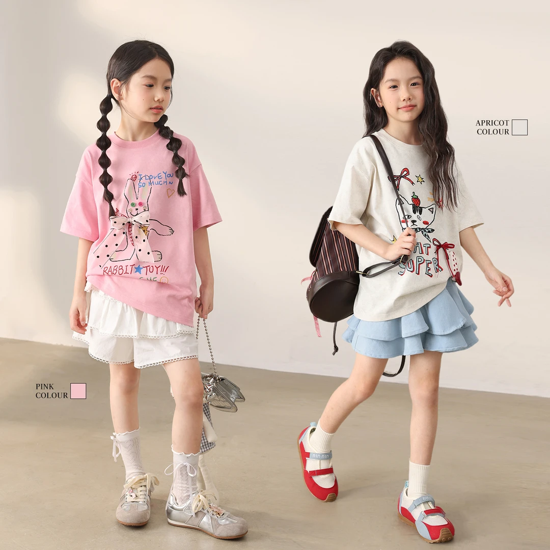 NORNOR女童【粉兔拾光】萌趣手绘涂鸦 立体蝴蝶结夏季短T NL530182