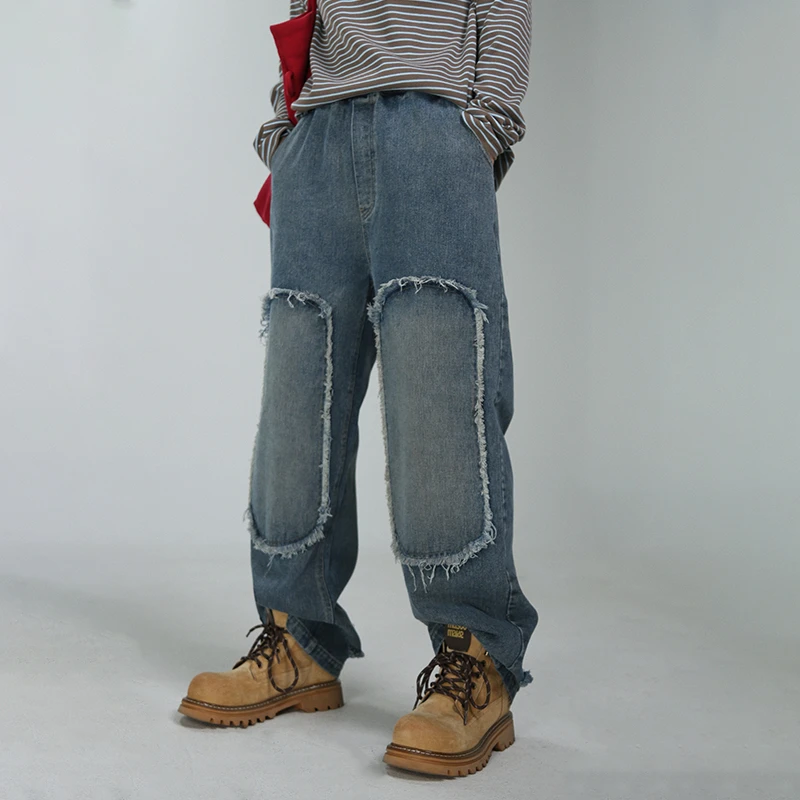 嬉游记原创2025早春新款脏脏做旧补丁牛仔裤女松紧高腰阔腿镰刀裤