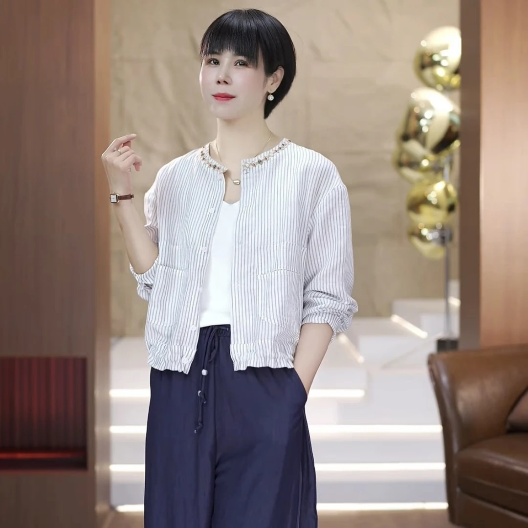 【渲渲推荐】QQ-95135夏季时尚小钻条纹防晒衬衣