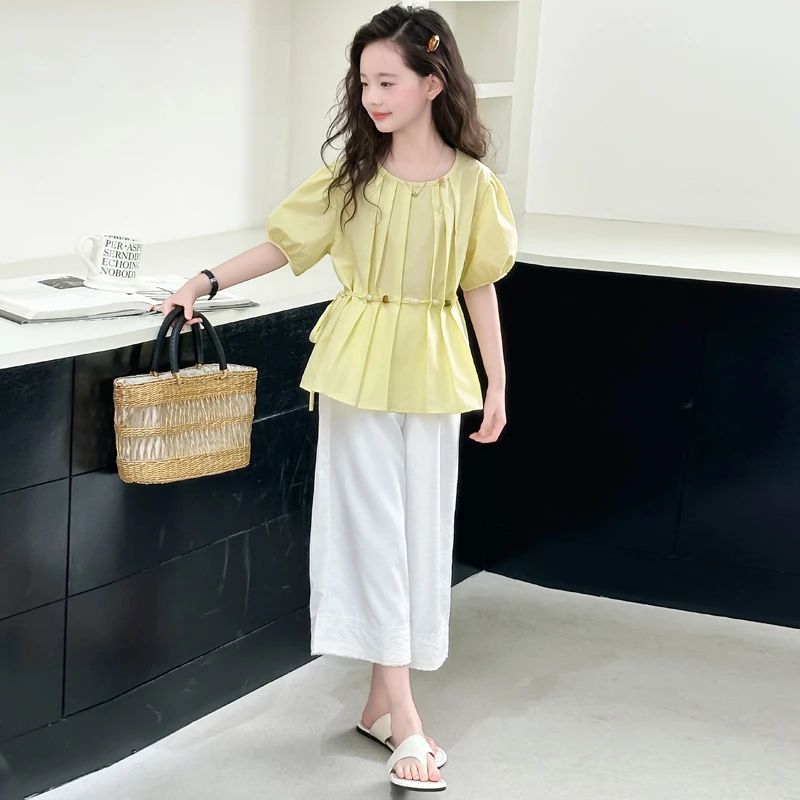 女童夏季套装2025新款女大童洋气甜美泡泡宽松短袖8分裤两件套