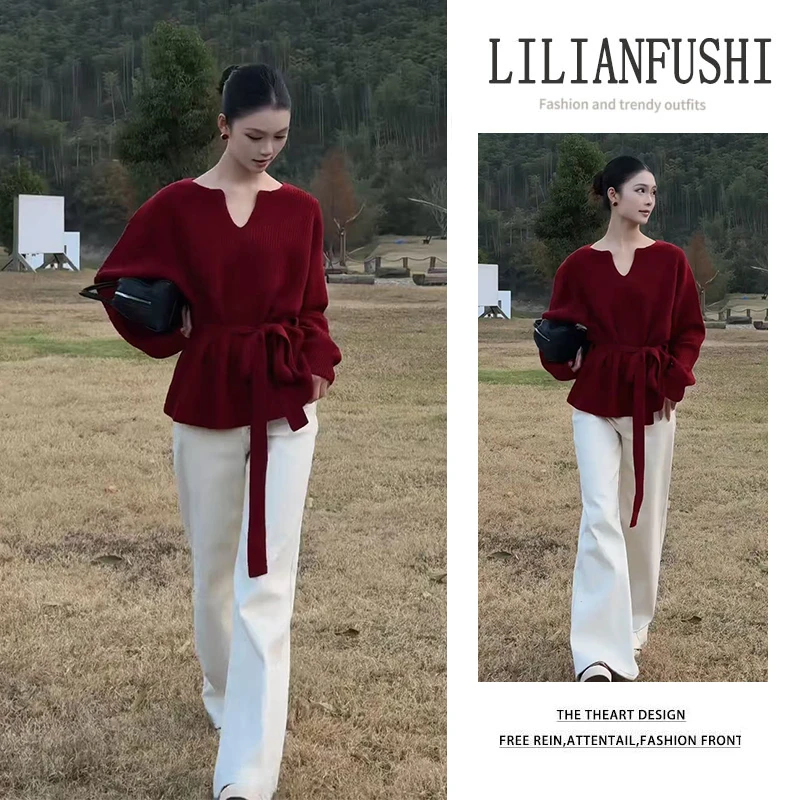 冬季温柔系穿搭女2025新款v领毛衣红色大气毛衣显瘦休闲裤两件套